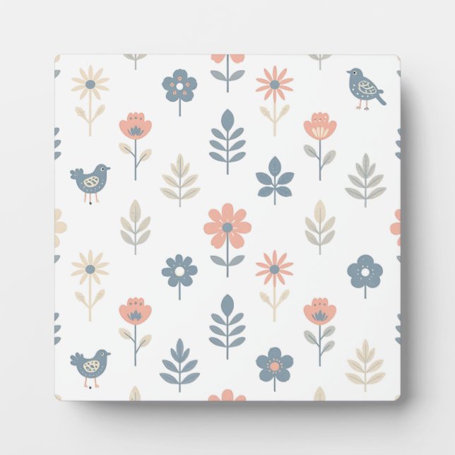 Scandi Folk Flowers Birds Pattern Plaque (Front)