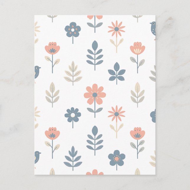 Scandi Folk Flowers Birds Pattern Postcard (Front)
