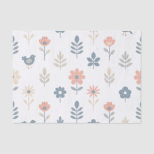 Scandi Folk Flowers Birds Pattern Tissue Paper