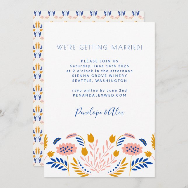 Scandi Folk Flowers Blue Yellow Casual Wedding Invitation (Front/Back)