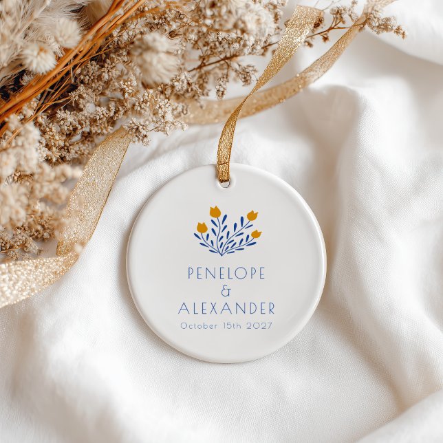 Scandi Folk Flowers Blue Yellow Custom Wedding  Ceramic Tree Decoration (Creator Uploaded)