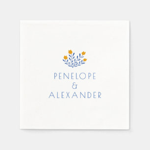 Scandi Folk Flowers Blue Yellow Custom Wedding  Napkin