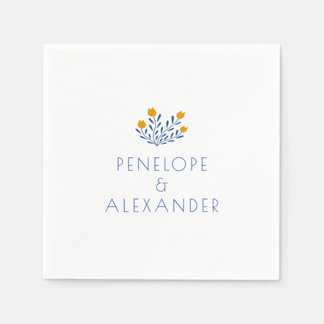 Scandi Folk Flowers Blue Yellow Custom Wedding  Napkin (Front)