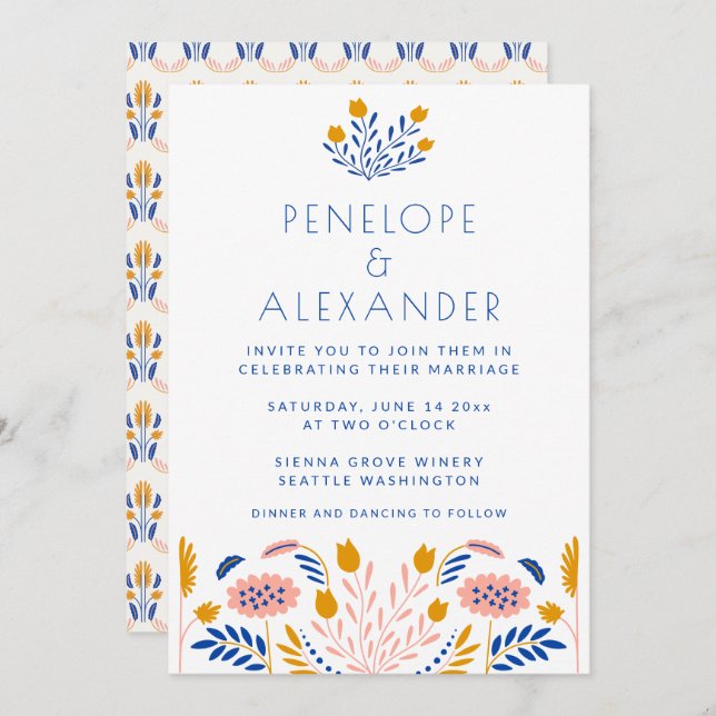 Scandi Folk Flowers in Blue and Yellow Wedding Invitation (Front/Back)