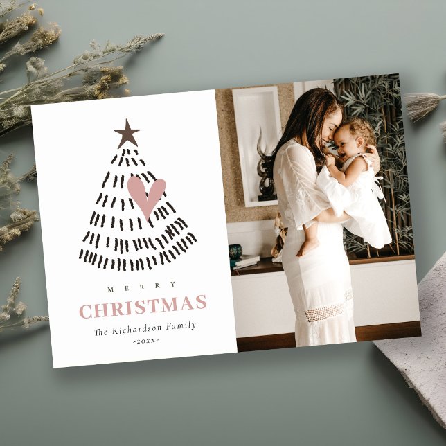 Scandi Minimal Blush Heart Christmas Tree Photo Holiday Card (Creator Uploaded)