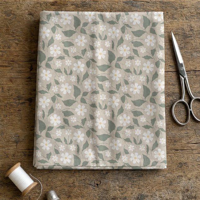 Scandi Modern Daisy Floral Soft Beige & Green Fabric (Scandinavian Sweet Daisy beige & sage fabric by Erica MacDonald.)