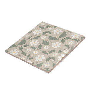 Scandi Modern Daisy Floral Soft Beige & Green Tile