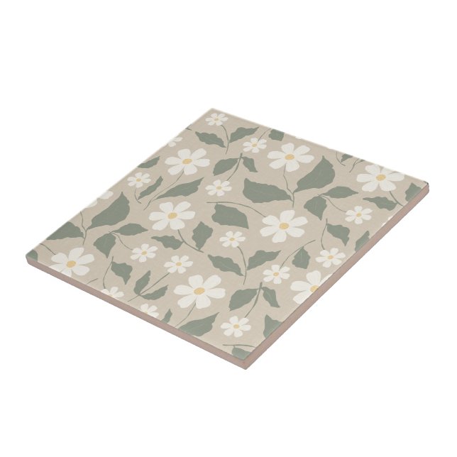 Scandi Modern Daisy Floral Soft Beige & Green Tile (Side)