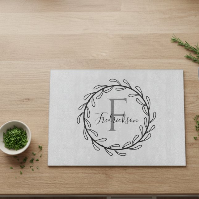 Scandi Monogram Wreath Botanical Minimalist Cutting Board (Minimalist Scandi wreath monogram design — a beautiful housewarming gift idea for a modern home.)