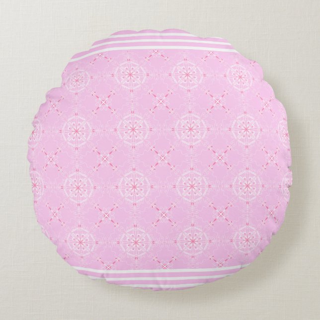 Scandi Pattern with Stripes Pink and White Round Cushion (Front)