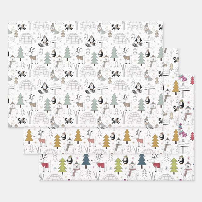 Scandi Penguin Winter Wonderland Christmas Holiday Wrapping Paper Sheet (Set)
