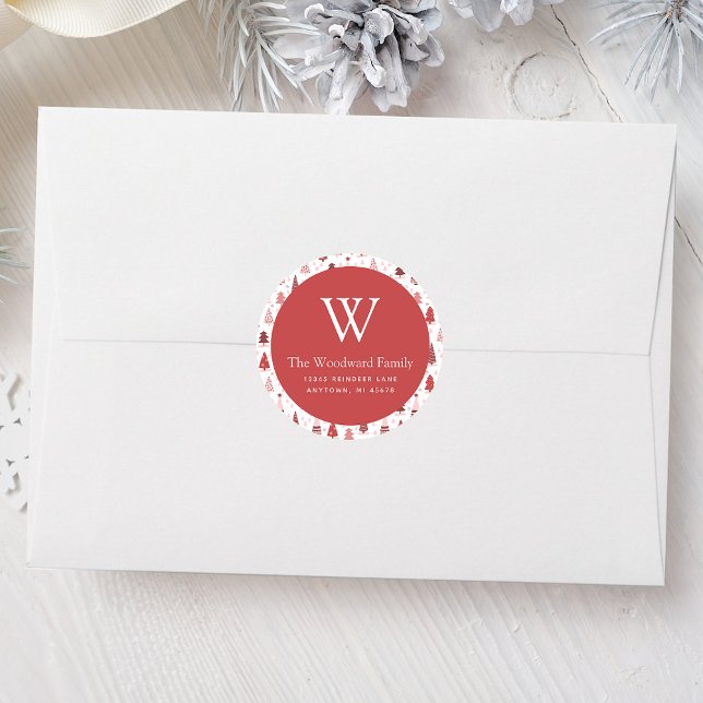 Scandi Pine Tree Pattern Pink Christmas Address Classic Round Sticker (Creator Uploaded)