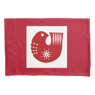 Scandi Red Bird Folk Art Pillowcase