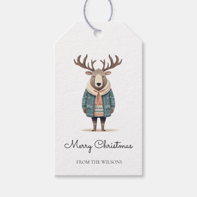 Scandi Reindeer Wearing a Coat Gift Tag (Front)
