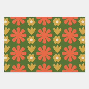 Scandi Retro Floral Folk Art Patterns Orange Green Wrapping Paper Sheet
