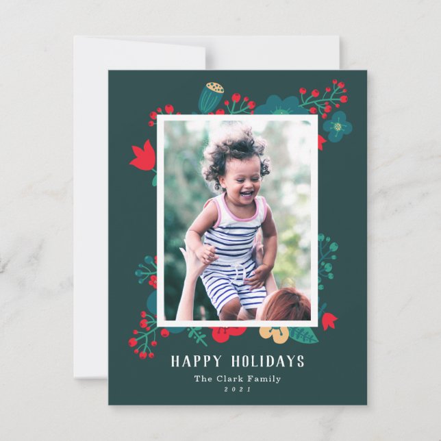 Scandi Style Mod Festive Green Family Photo Holiday Card (Front)