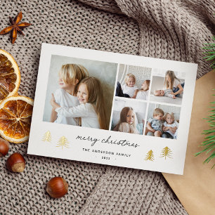 Scandi Trees   Modern Minimalist Photo Collage Foil Holiday Card