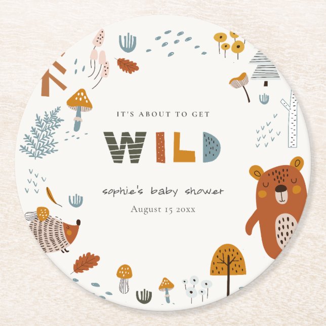 Scandi Wild Tropical Woodland Animals Baby Shower Round Paper Coaster (Front)
