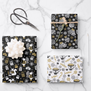 Scandi Winter Christmas Gold & Black Woodland Wrapping Paper Sheet