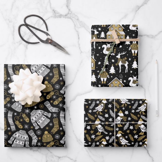 Scandi Winter Christmas Gold & Black Woodland Wrapping Paper Sheet (Front)