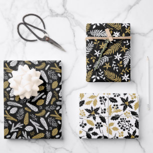 Scandi Winter Christmas Gold & Black Woodland Wrapping Paper Sheet