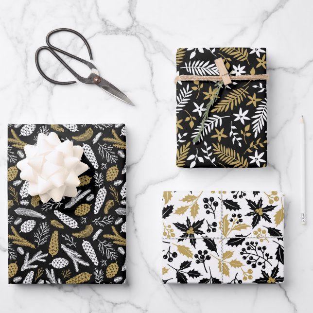 Scandi Winter Christmas Gold & Black Woodland Wrapping Paper Sheet (Front)