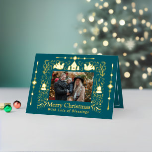 Scandinavia Folktale Christmas Photo Teal Foil Holiday Card