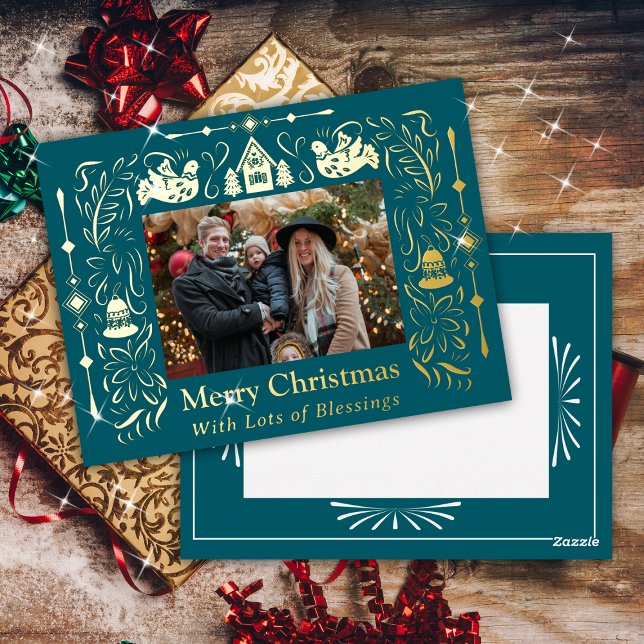 Scandinavia Folktale Christmas Photo Teal Foil Holiday Postcard (Scandinavia styled Christmas Photo Greeting Cards.)