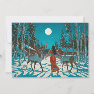 Scandinavia Winter Holiday, Reindeer Full Moon Holiday Card