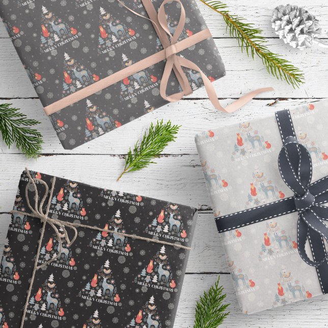 Scandinavian Animal Reindeer Tree Floral Snowflake Wrapping Paper Sheet (Creator Uploaded)
