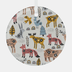 Scandinavian animals, floral, cute pattern. glass tree decoration