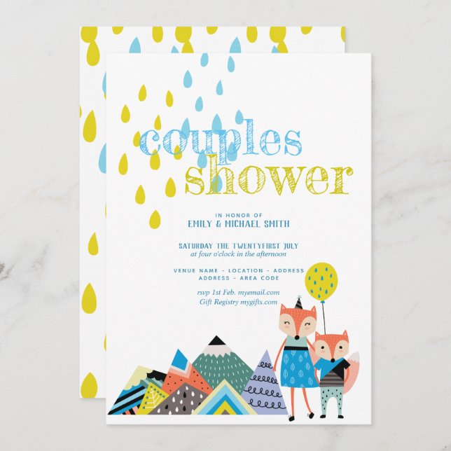 Scandinavian Art Couples Shower Invites Folk Foxes (Front/Back)