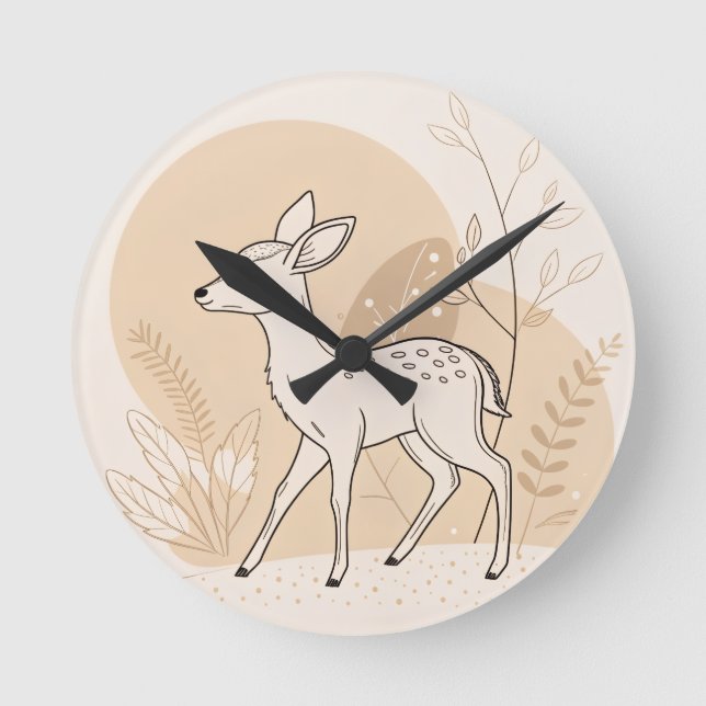 Scandinavian Baby Deer Line Art – Minimalist  Round Clock (Front)