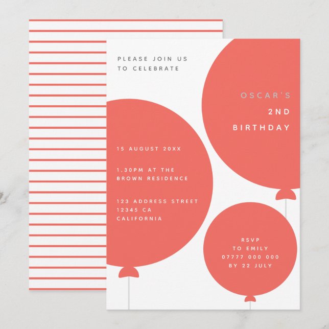 Scandinavian Balloon | Coral Pink Birthday Party Invitation (Front/Back)