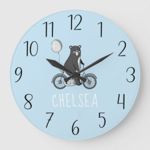 Scandinavian Bear on Bike Minimalist Blue Large Clock