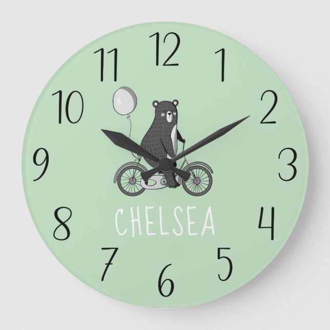 Scandinavian Bear on Bike Minimalist Green  Large Clock (Front)