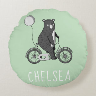Scandinavian Bear on Bike Minimalist Green  Round Cushion