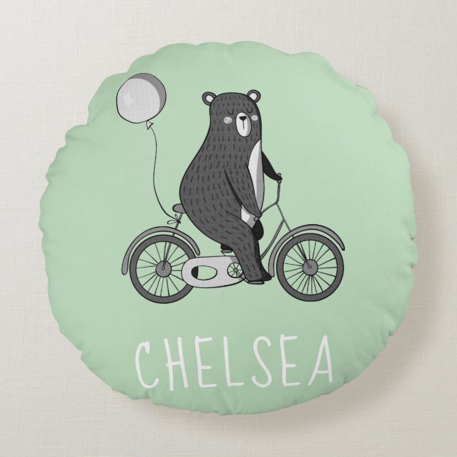 Scandinavian Bear on Bike Minimalist Green  Round Cushion (Front)