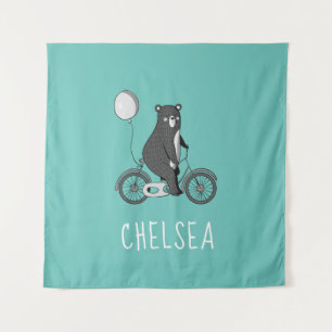 Scandinavian Bear on Bike Minimalist Personalised Tapestry