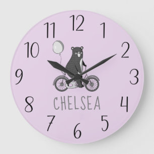Scandinavian Bear on Bike Minimalist Purple Large Clock