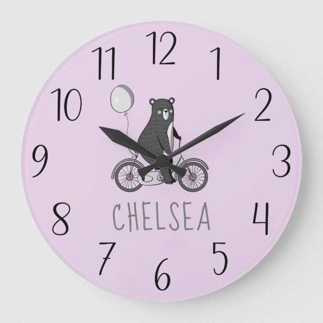 Scandinavian Bear on Bike Minimalist Purple Large Clock (Front)