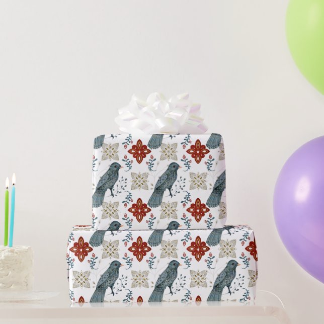 Scandinavian Bird and Kaleidoscope Pattern Wrapping Paper (Party Gifts)
