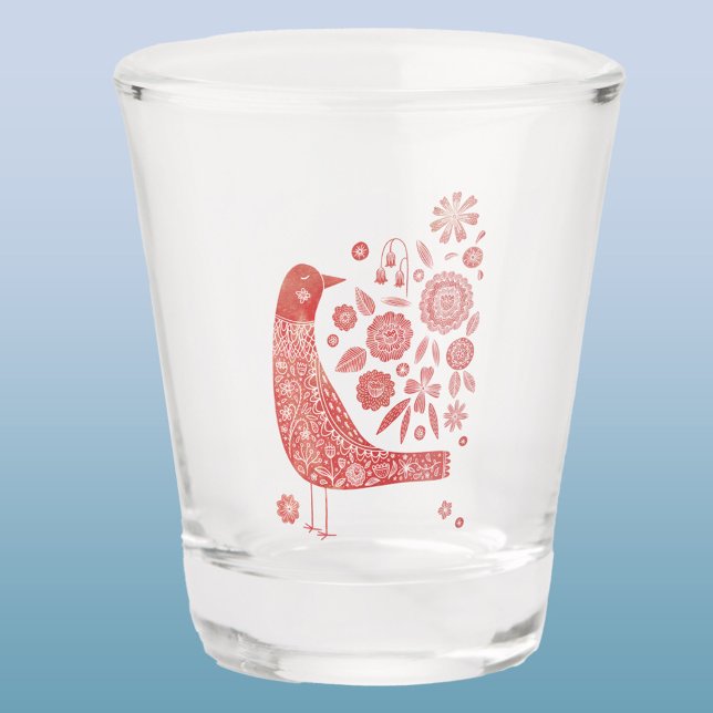 Scandinavian Bird Art Shot Glass (Scandinavian birds and flowers shot glass)