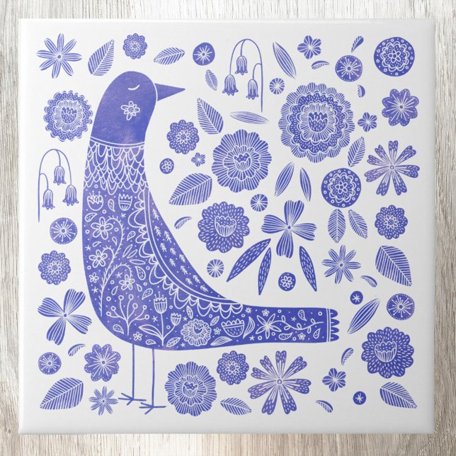 Scandinavian Bird Blue and White Tile (Scandinavian blue and white bird watercolor art ceramic tile)