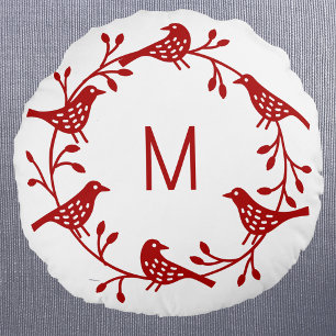 Scandinavian Bird Wreath Monogram Round Cushion