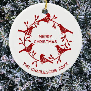 Scandinavian Bird Wreath Personalised Christmas Ceramic Tree Decoration