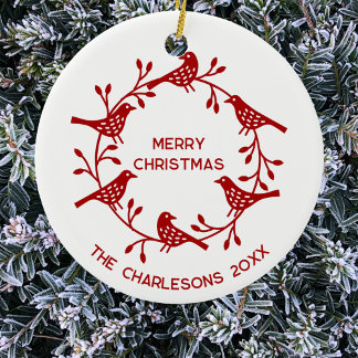 Scandinavian Bird Wreath Personalised Christmas Ceramic Tree Decoration