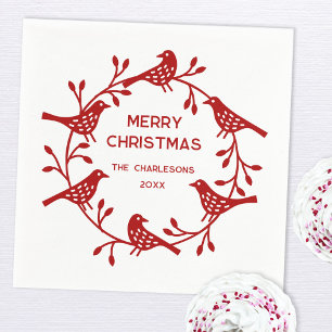 Scandinavian Bird Wreath Personalised Christmas Napkin