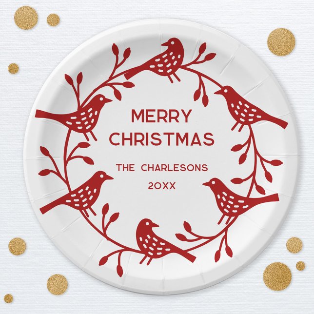 Scandinavian Bird Wreath Personalised Christmas Paper Plate (Red Scandinavian bird wreath personalized family name date festive Merry Christmas paper plates)