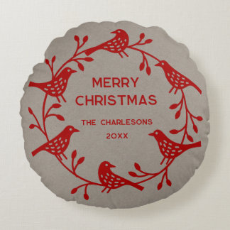 Scandinavian Bird Wreath Personalised Christmas Round Cushion
